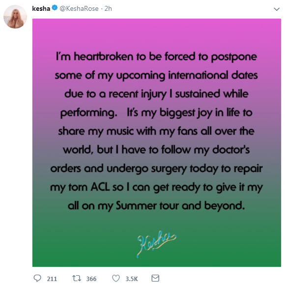  Kesha took to Twitter to announce she was having to postpone her tour