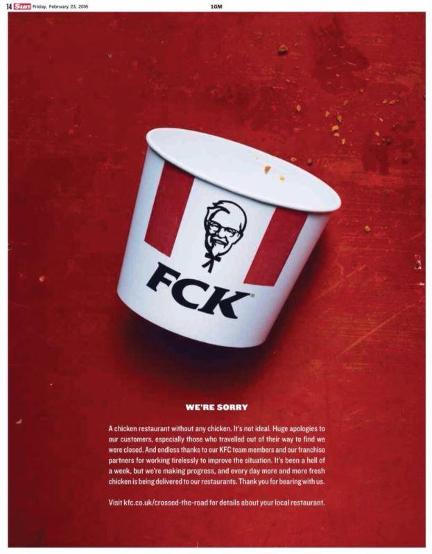  KFC has published a very cheeky apology ad in today's Sun newspaper