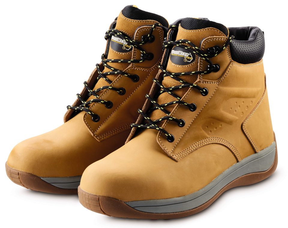  The steel cap heal work boots come in mens sizes seven to 11