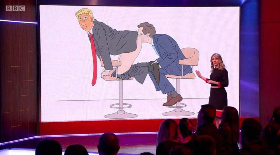  Rachel Parris presents a cartoon depicting Piers Morgan performing a sex act on US President Donald Trump