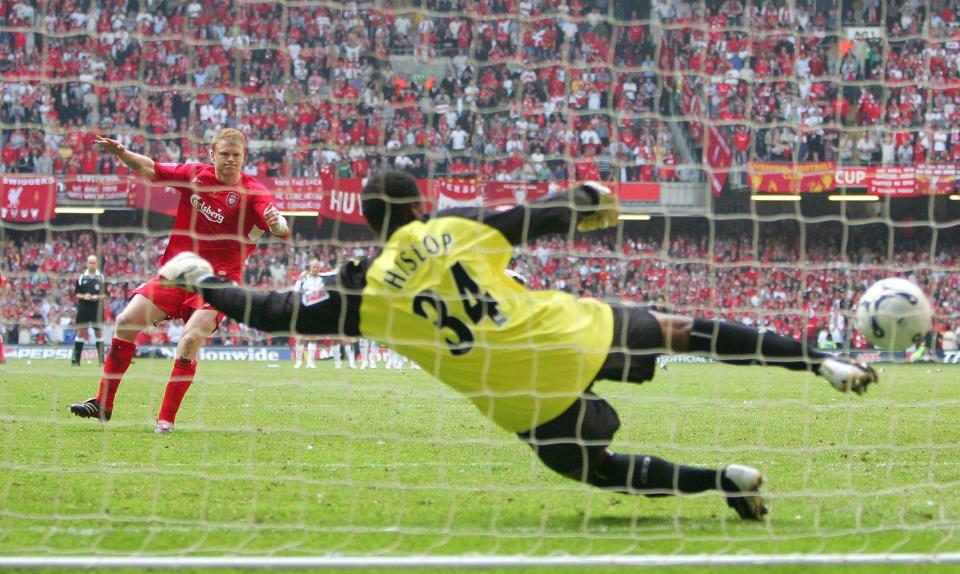  John Aarne Riise sends Hislop the wrong way in the famous 2006 FA Cup final that the Reds won on penalties