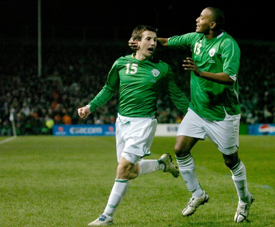  The Irishman celebrates after netting his country's third goal against Sweden during a friendly in 2006