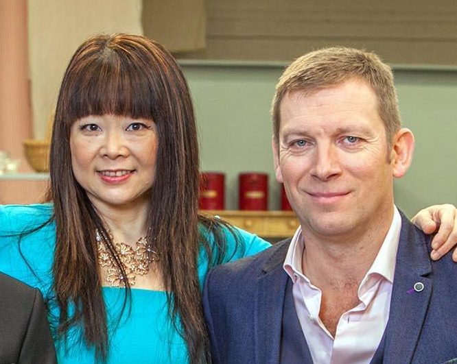 From the left, Angus Deayton with top pastry chefs who will remain on the show Cherish Finden and Benoit Blin