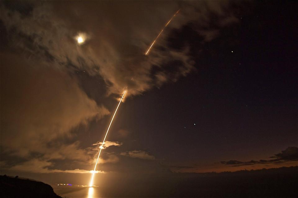  A Defence Department photo shows a medium-range ballistic missile target launched in 2017