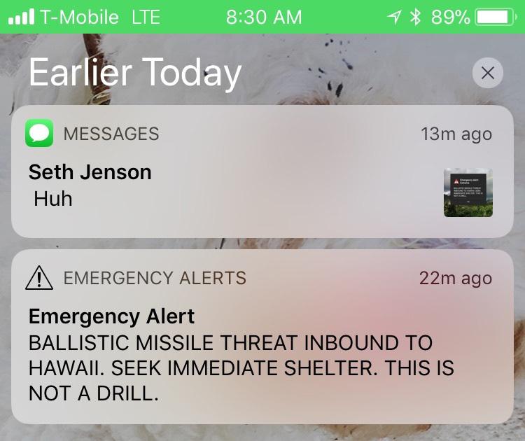  This smartphone screen capture shows the false incoming ballistic missile emergency alert sent from the Hawaii Emergency Management Agency system on Saturday, January 13