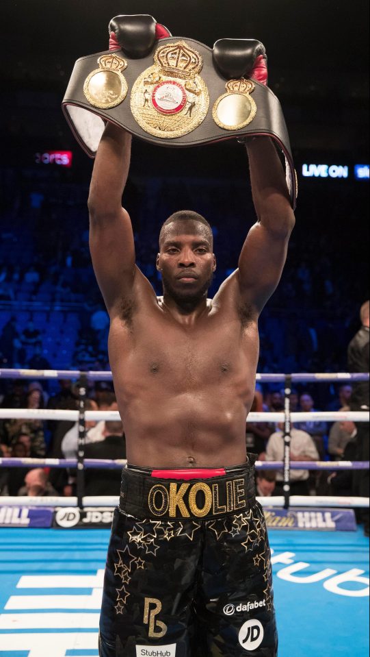  Lawrence Okolie celebrates winning the WBA Continental Cruiserweight belt