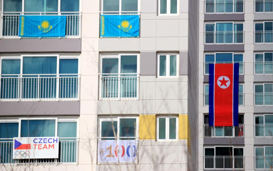  North Korean national flag is displayed outside the regime's dormitory at the athletes' village in Gangneung