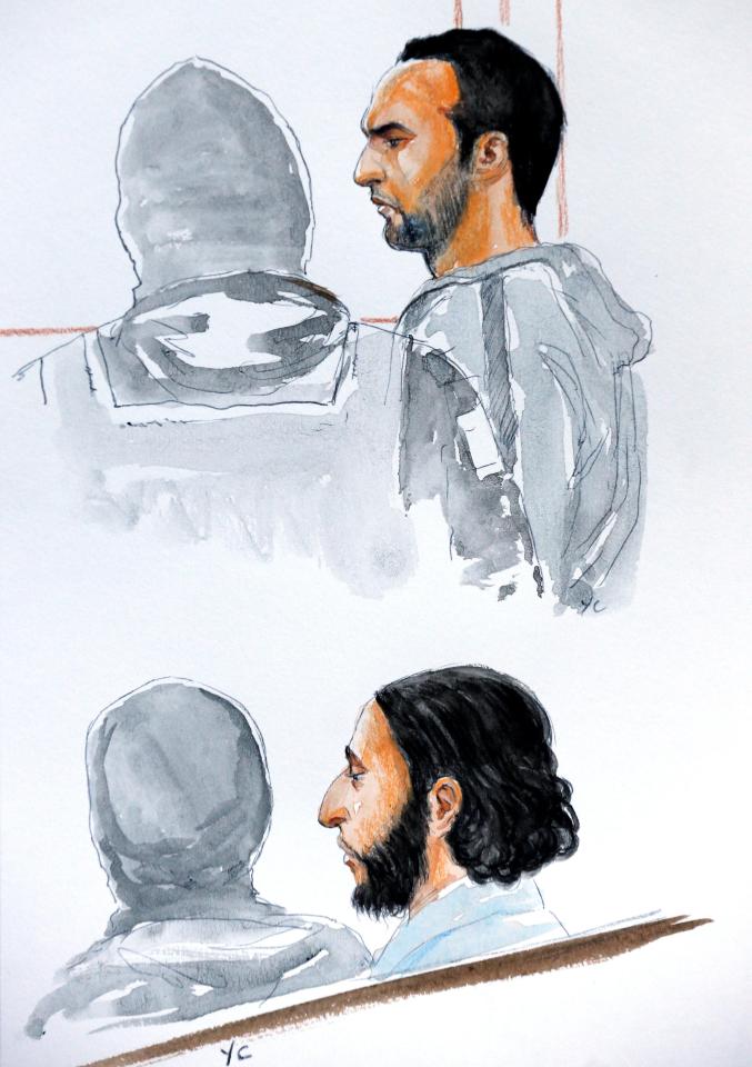 A court artist drawing shows Sofien Ayari and Salah Abdeslam in the courtroom 