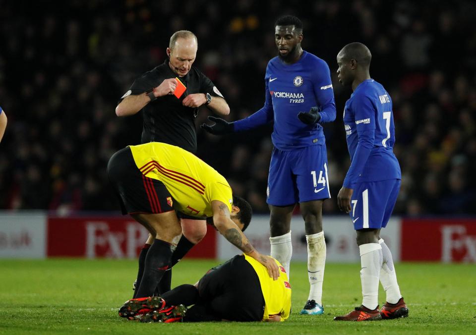  Tiemoue Bakayoko was sent off for a pair of yellows cards against Watford