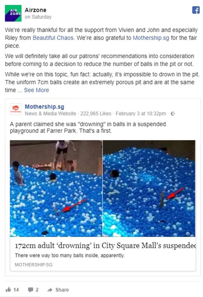  AirZone posted a 'fun fact' on Facebook assuring parents it is impossible to drown in a ball pool