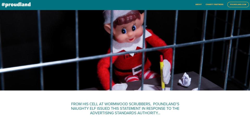  The naughty elf appeared behind bars on the Poundland website in response to the banning