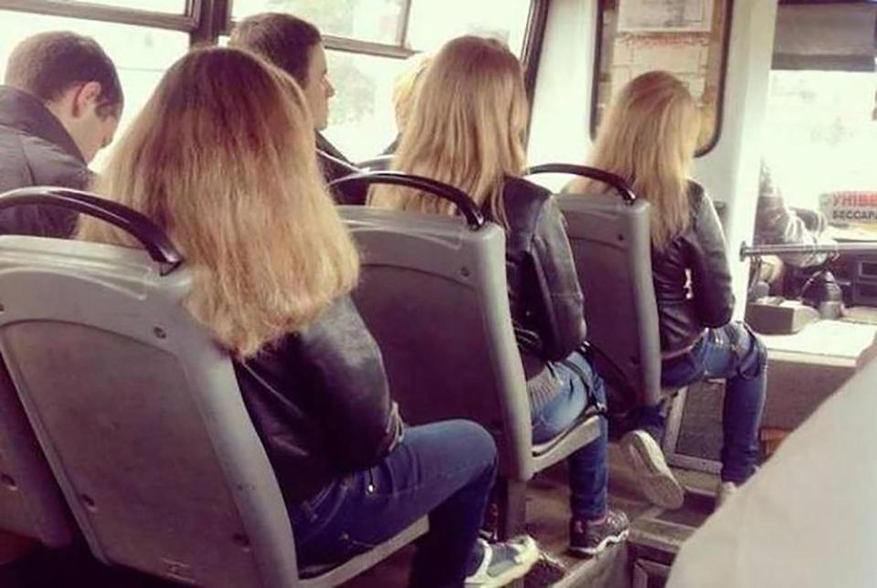  The fates aligned when these three passengers with identical hair, leather jackets and jeans boarded the bus - and two of them have matching boyfriends