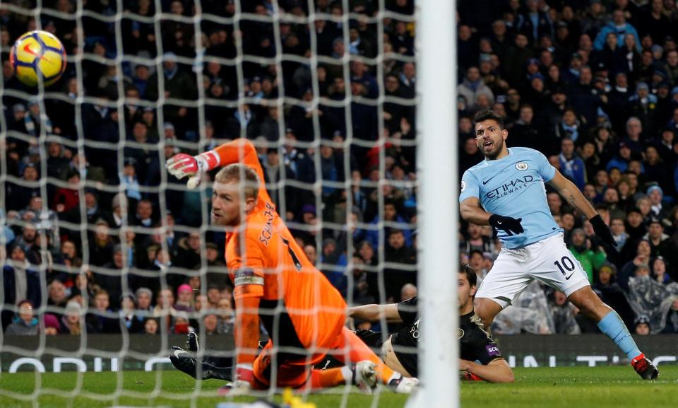  Sergio Aguero put Leicester to the sword with four goals in a 5-1 win for Manchester City