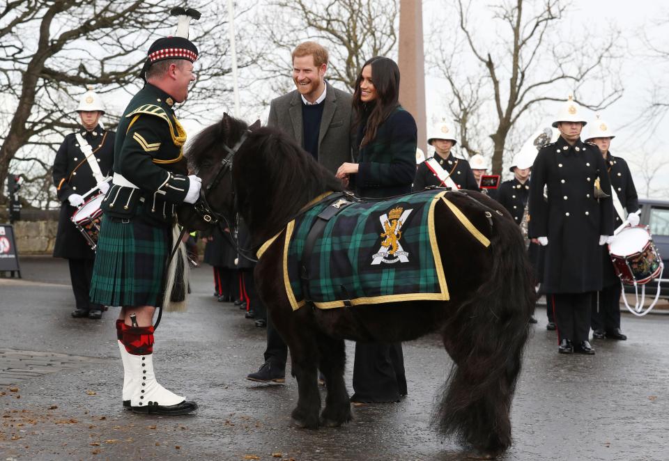  Prince Harry and Meghan Markle meet Pony Major Mark Wilkinson and regimental mascot Cruachan IV during a walkabout on the esplanade at Edinburgh Castle