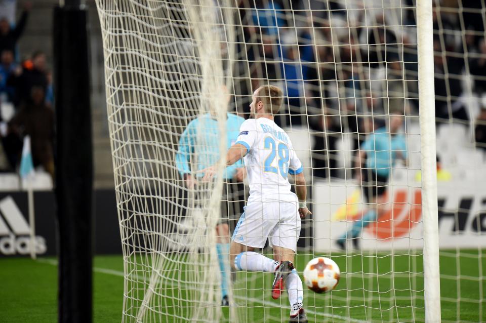  Valere Germain wheels away, after scoring his second in the first leg against Braga