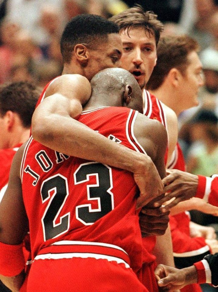 Michael Jordan was held up by Scottie Pippen as he continually looked to collapse