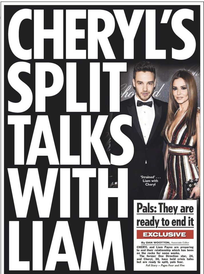  Details of Liam Payne and Cheryl's relationship crisis were revealed by the Sun on Sunday