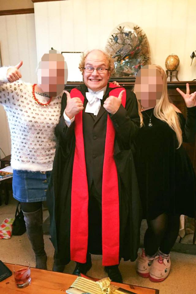 Falder joking around in his university gown (women pictured are not connected to his crimes)