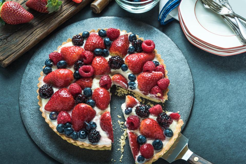  Three Berry Tart serves 8 to 10 people and is delicious when served with low-fat creme fraiche