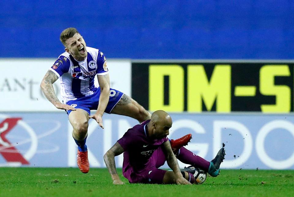  Fabian Delph was sent off at Wigan for this challenge on Max Power