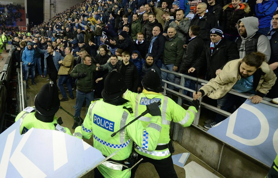  A fan appeared to grab a police baton as the melee unfolded