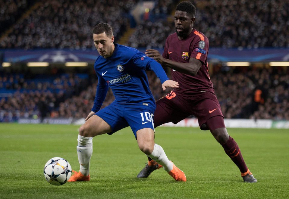  Hazard, who mostly played on the left wing, with Barcelona defender Samuel Umtiti