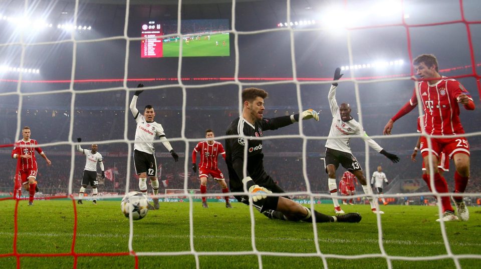  Besiktas can do nothing as Thomas Muller is free to poke his 43rd minute opener