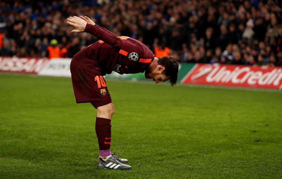  Messi takes a bow after slotting home from Chelsea's defensive lapse