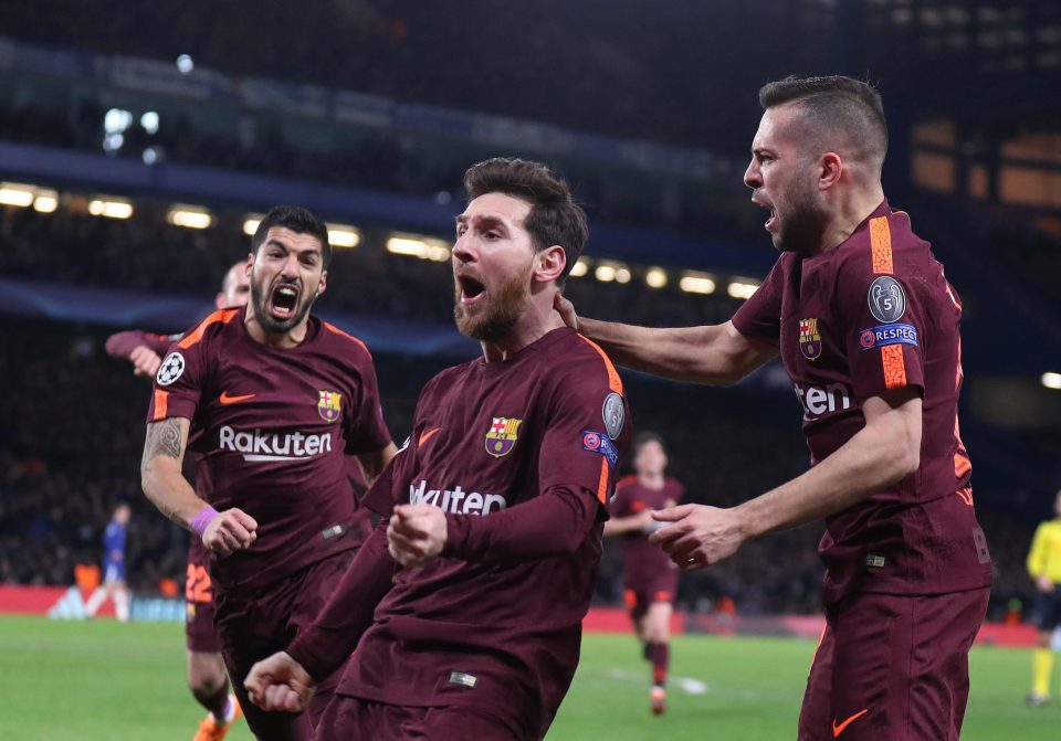  Lionel Messi celebrates after netting a vital goal against Chelsea - his first in nine attempts