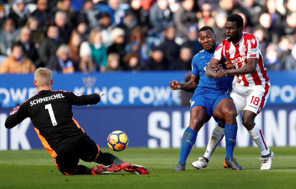  Kasper Schmeichel in action at the King Power Stadium against the Potters