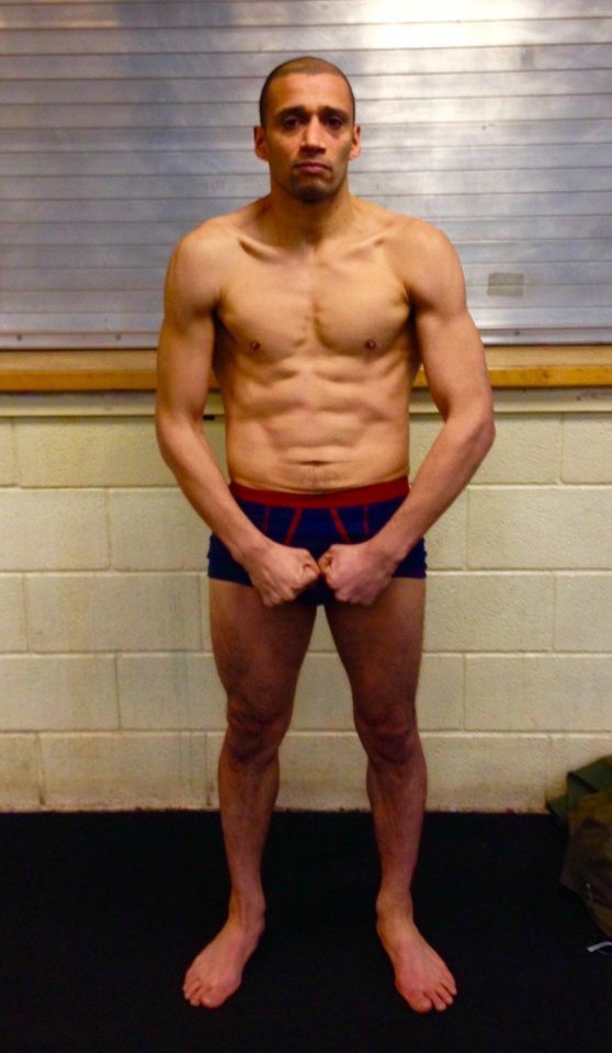  The former footballer weighed in for his fight against John Wayne Hibbert at 10st 4lbs