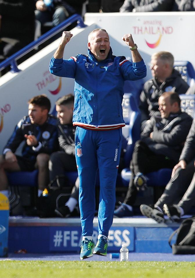  Stoke boss Paul Lambert reacts after his side take the lead in the 43rd minute