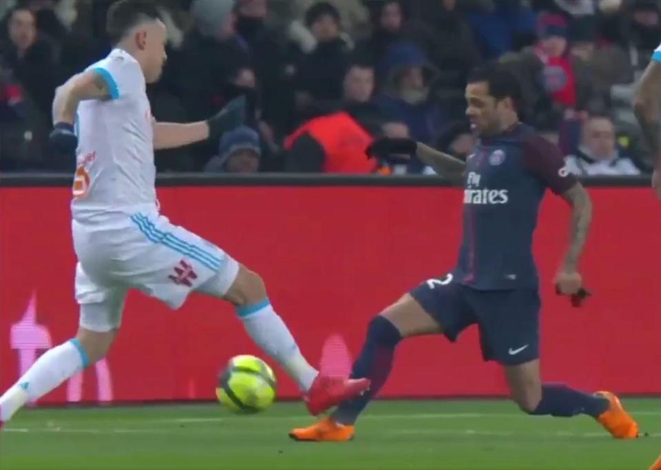  Dani Alves was fortunate to escape without a broken leg against Marseille