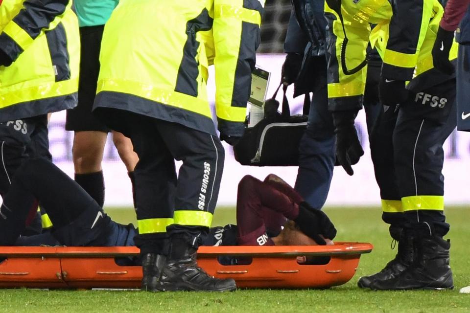  Neymar was in tears as he left the field on a stretcher on Sunday night