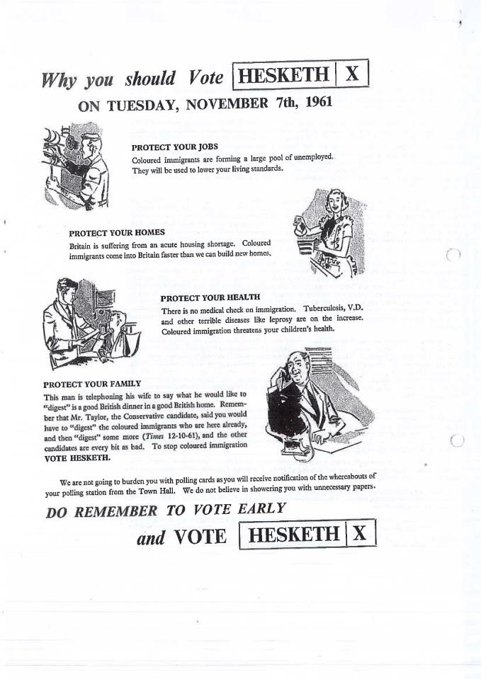  Watson is under pressure to hand back the donation after the surfacing of a 1961 leaflet linked to Mosley which warns of the dangers of 'coloured immigration'