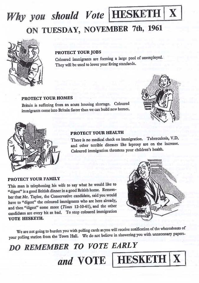  The unearthed election pamphlet issued by Max Mosley as an election agent warned of the dangers of coloured immigration