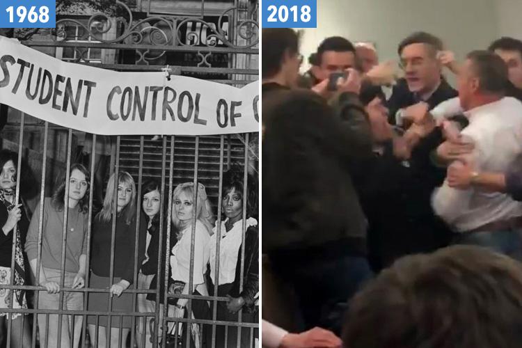  Students at Hornsey College of Art prepare for a sit-in protest in 1968 while Jacob Rees-Mogg is mobbed at UWE last week