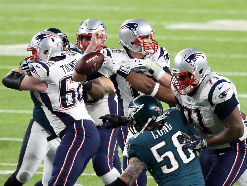  Tom Brady was strip sacked by Brandon Graham in the closing minutes