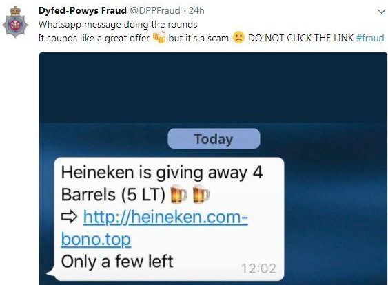  Dyfed-Powys police are among those warning WhatsApp users to be vigilant about a scam message offering free beer