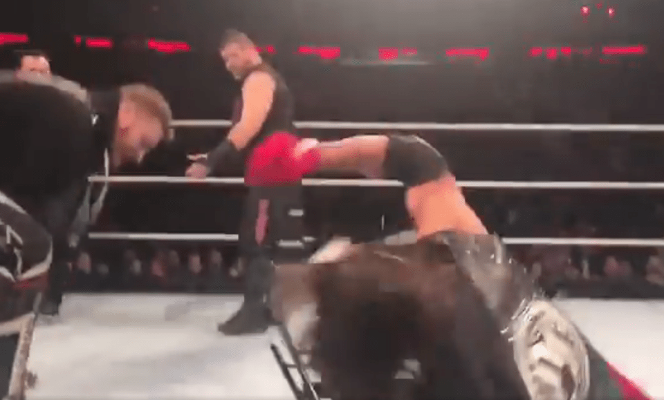 Sami Zayn whacked AJ Styles with a chair on his leg