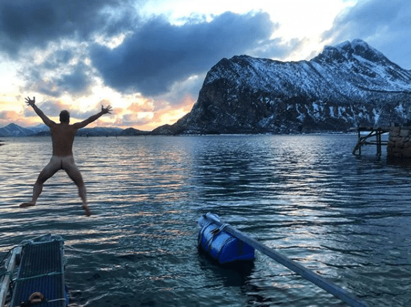  Ben launches himself into the icy water on Monday morning