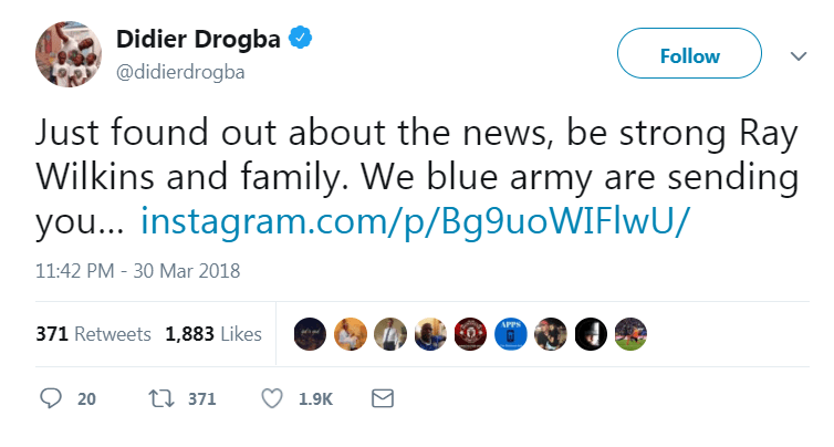  Chelsea legend Didier Drogba offered his support to Ray and his family after learning of the news