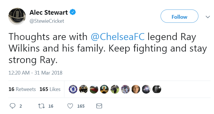  Ex England cricket captain and Chelsea fan Alec Stewart tweeted his support