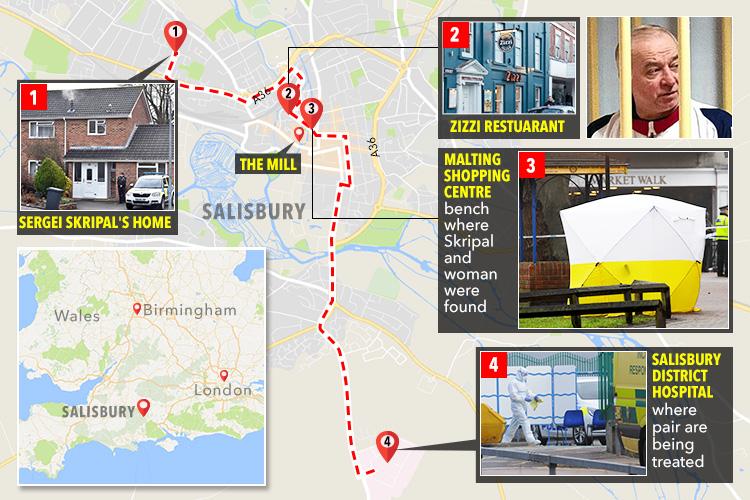  Map showing where ex-spy Skripal lives and where he was 'exposed' the unnamed substance in Salisbury, Wiltshire