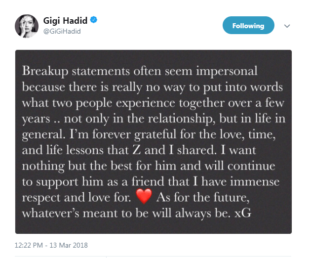  Gigi posted a long message about their break-up