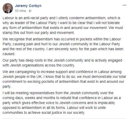  The Labour leader's message on Facebook last night