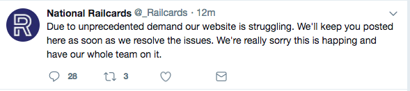  National Railcards have apologised on twitter for the "Unprecedented demand" causing the website to crash