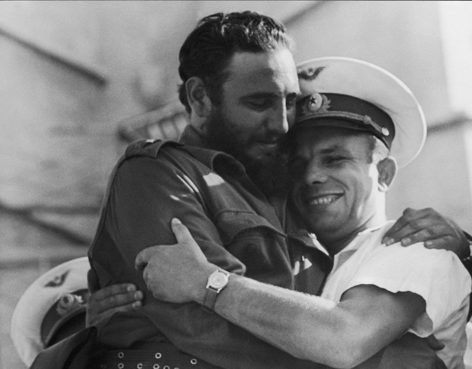  A photograph taken by Osvaldo Salas of Cuban leader Fidel Castro embracing Soviet astronaut Yuri Gagarin in 1961