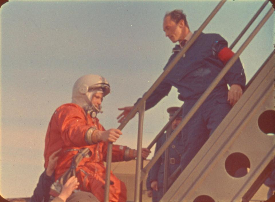  In this April 12 1961 photo rocket engineer Oleg Ivanovsky leads Yuri Gagarin, left, to the Vostok spacecraft