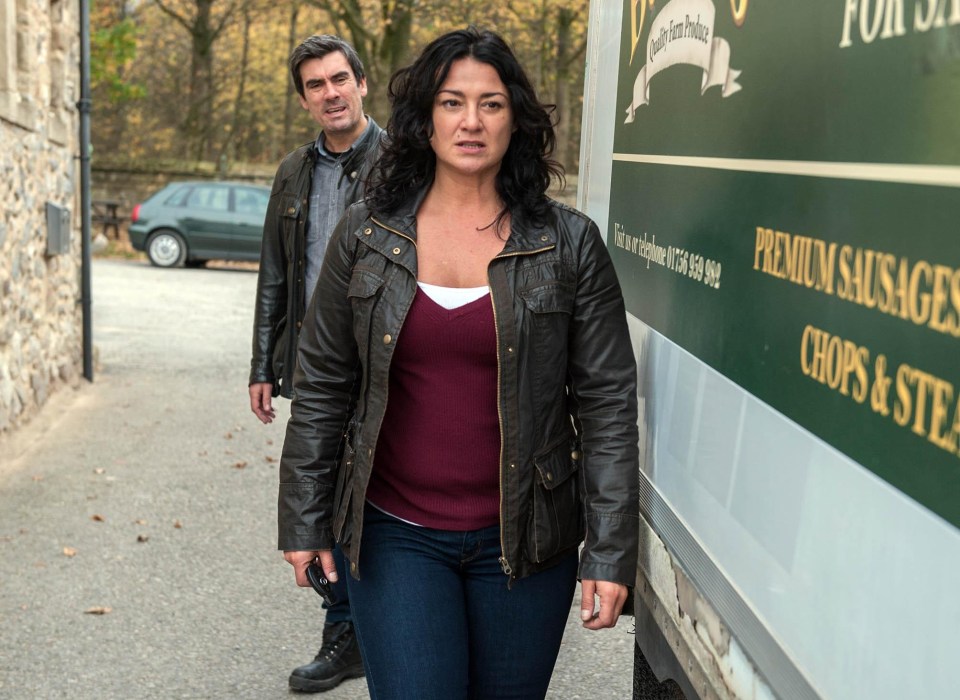 Natalie J Robb sports a casual look as Moira Dingle in Emmerdale